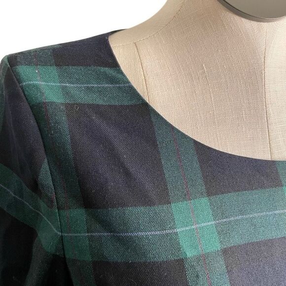 Talbots Womens Shift Dress 12 Blackwatch Plaid 3/4 Flounce Sleeve Wool Blend - Picture 4 of 7